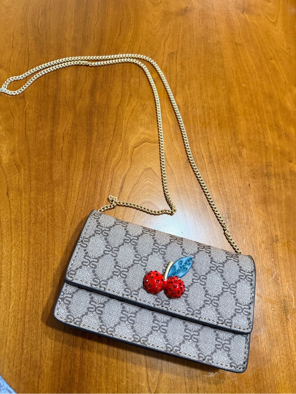 Fashion Nova Beige Mini Crossbody Bag with Red Cherry Accent
